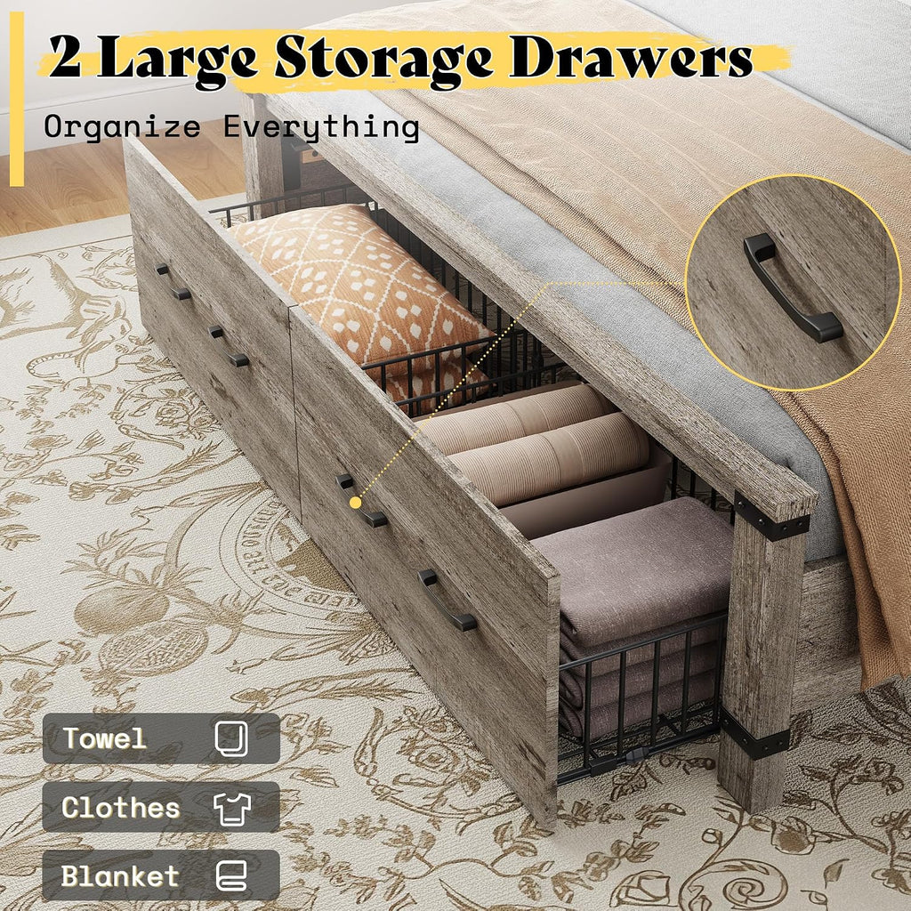 Farmhouse Queen Bed Frame with 54" Tall Geometric Headboard & Footboard, Rustic Wood Platform Bed Frame with Large