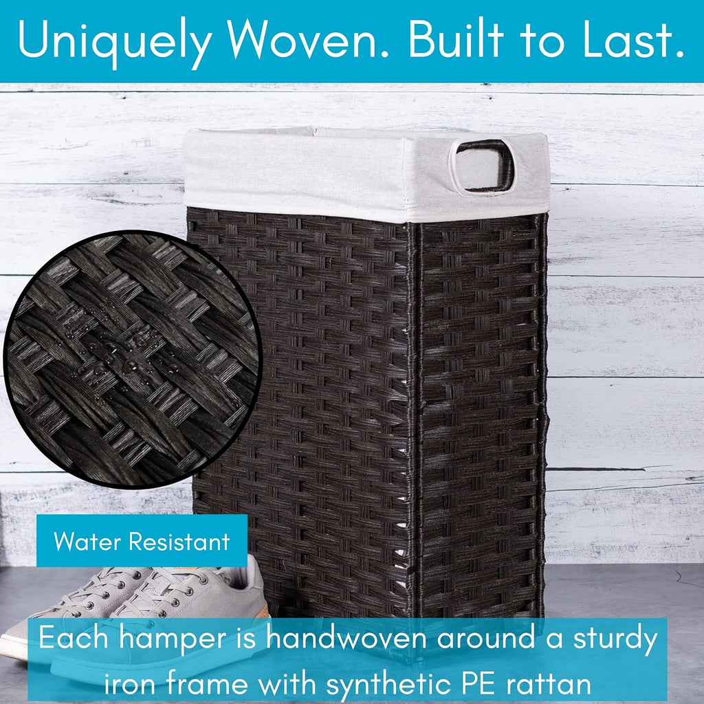 Slim Laundry Hamper with Removable Liner Bag | Brown | Hand Woven | Compact Collapsible Clothes Basket | Synthetic PE