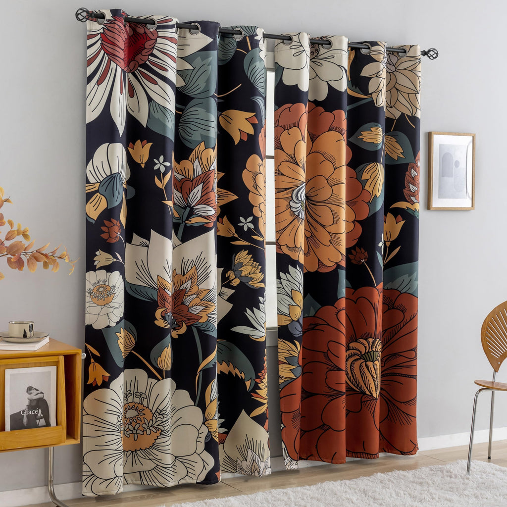 Black Boho Floral Grommet Blackout Curtains, 52W x 84L, 2 Panels