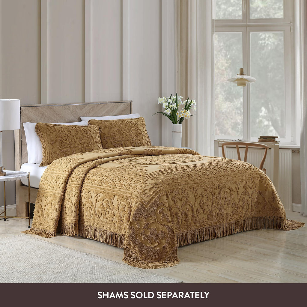 Medallion Queen Cotton Chenille Bedspread, Gold