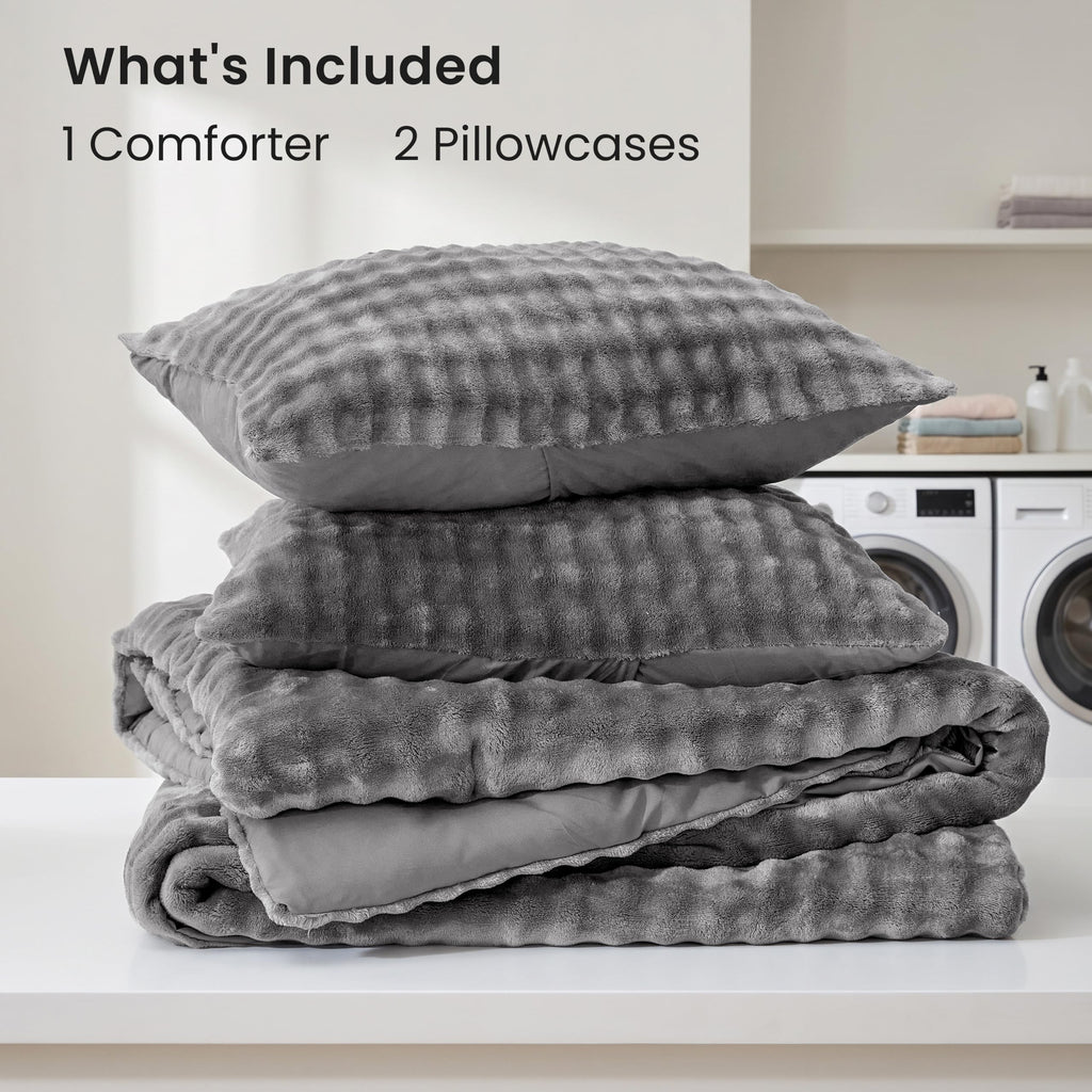 Fluffy Bubble Fleece Comforter Set Dark Grey