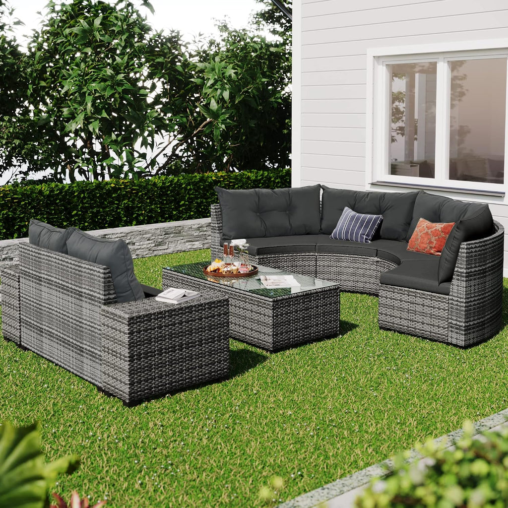 Half-Moon Curved Outdoor Sectional Sofa and Side Table, Wicker Rattan Patio Coversation Set 8 Piece, Gray