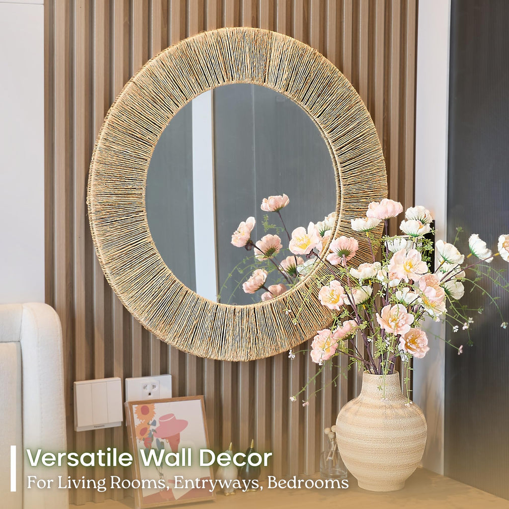 24 inch Natural Jute Round Wall Mirror, Boho Decor Wall Mirror