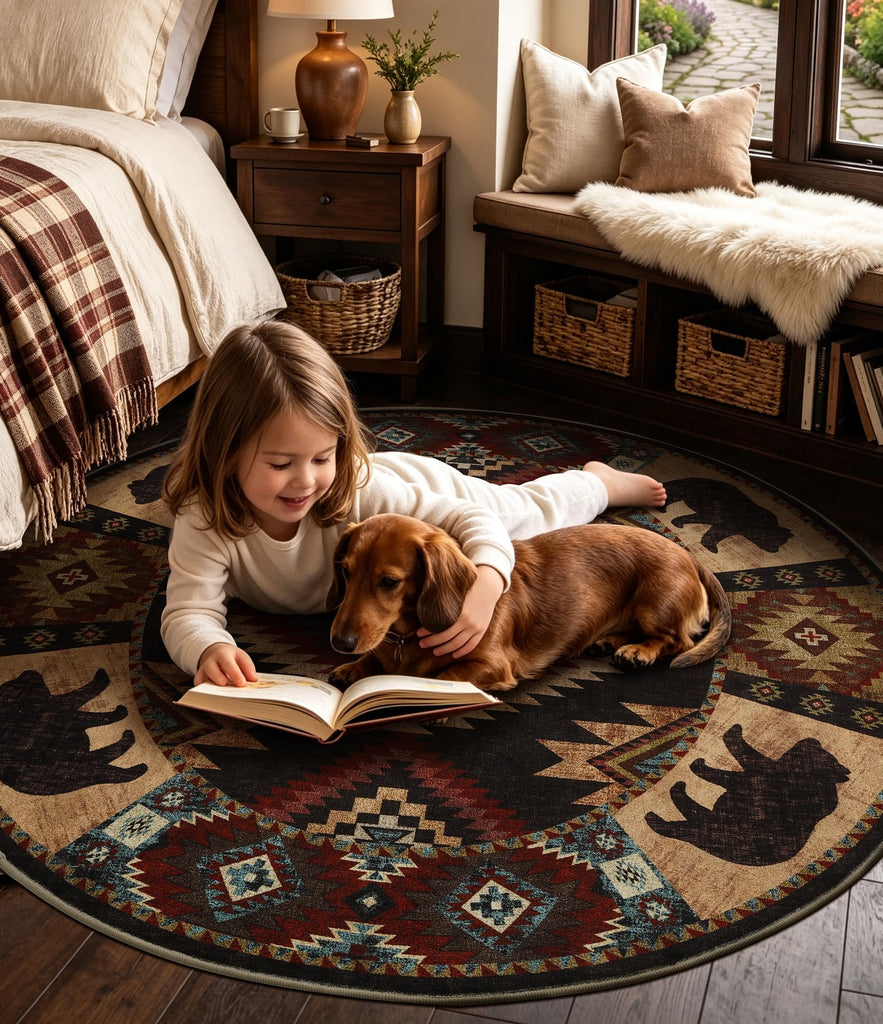 Washable Western Cabin Round Rug, 6ft