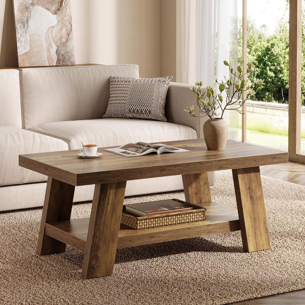 47-Inch Farmhouse Coffee Table with Storage Shelf, Rustic Wooden Center Table, 2-Tier Rectangle Coffee Table (Rustic ...