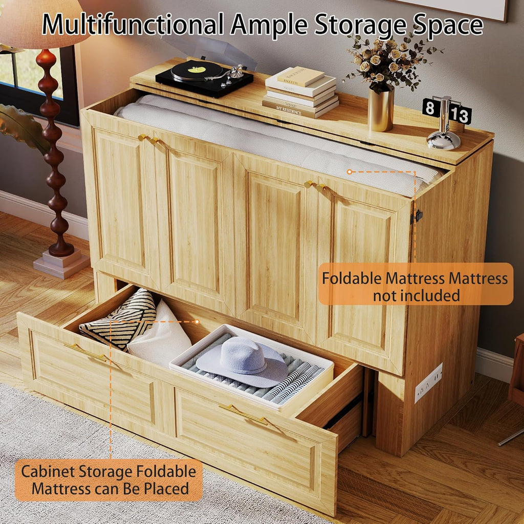 Murphy Bed Full: Oak 2 in 1 Murphy Bed Cabinet with Drawer, Wood Cabinet Bed with Charging Station, Modern Hidden