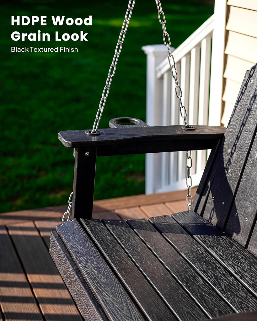Porch Swing Bench for Adults, HDPE Wood Grain Outdoor Swing, Black | 2 seat for a couple or parent and child; two cup