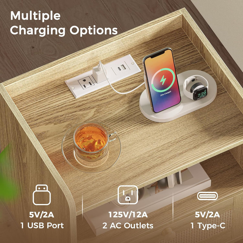 Nightstands Set of 2, Night Stands with Charging Station & PE Rattan Decor Drawer, Bed Side Tables with Solid Wood