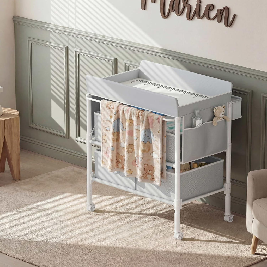 Baby Changing Table with 4 Drawers, Waterproof Diaper Changing Station with Storage, Adjustable Height Baby Changing