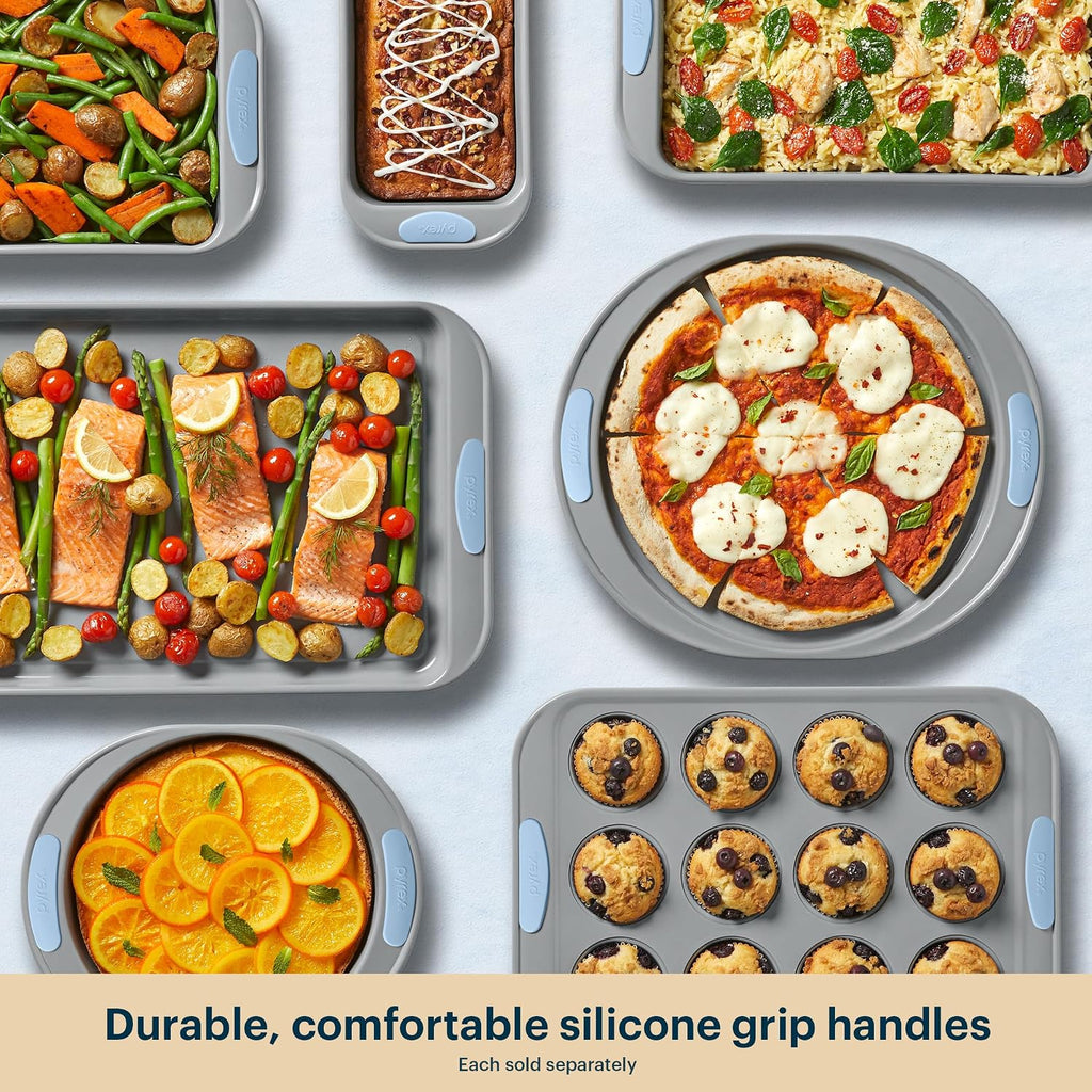 3-Piece Metal Cookie & Muffin Sheet Bakeware Set, Cerulean | Lightweight stainless steel trays with heatsafe silicone