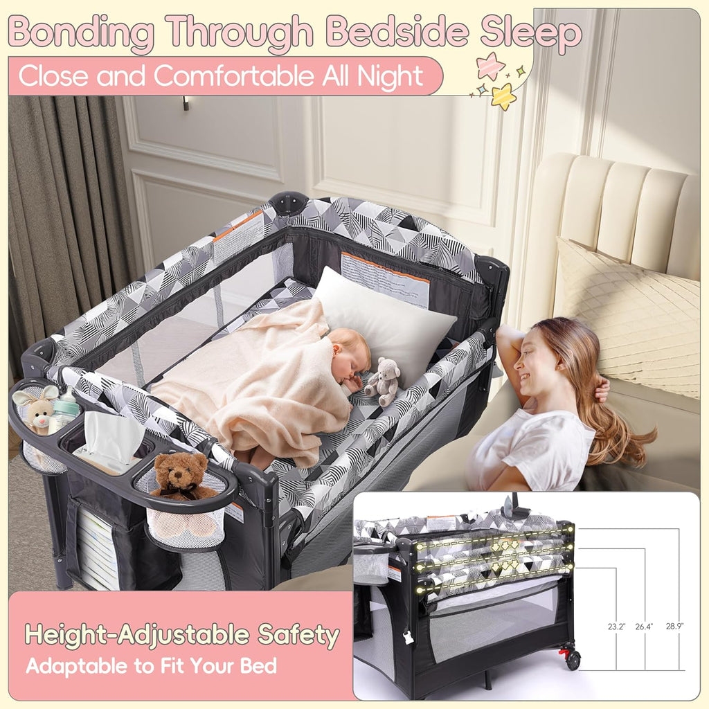 5-in-1 Baby Bassinet Bedside Sleeper, Portable Pack and Play with Changing Table, Baby Crib with Carry Bag, Cosleeper