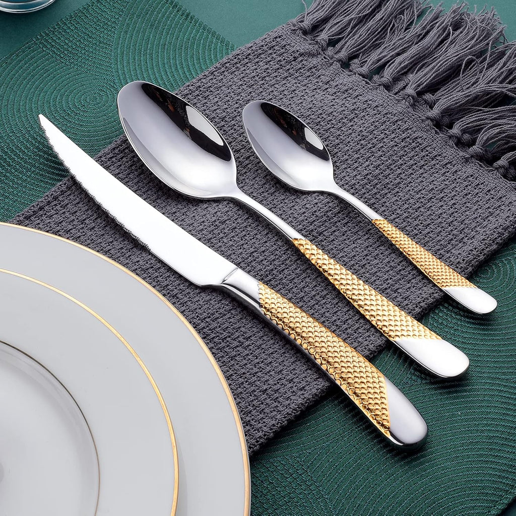 Hammered Silver Gold Silverware Set, 24-Piece 18/10 Stainless Steel Flatware Set, Service of 6