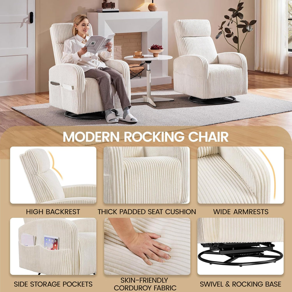 360° Swivel Nursery Rocking Chairs, Glider Rocker with Side Pockets, upholstered Rocking Chair Reading Chairs, Beige