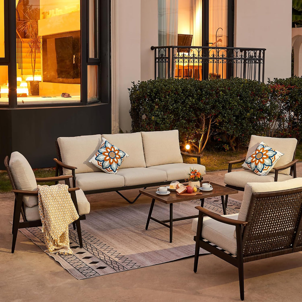 3-Seat Patio Couch Sofa, Wicker Back, Woodgrain Arm | Metal Outdoor Sofa with Adjustable Feet, Natural Wood-garin