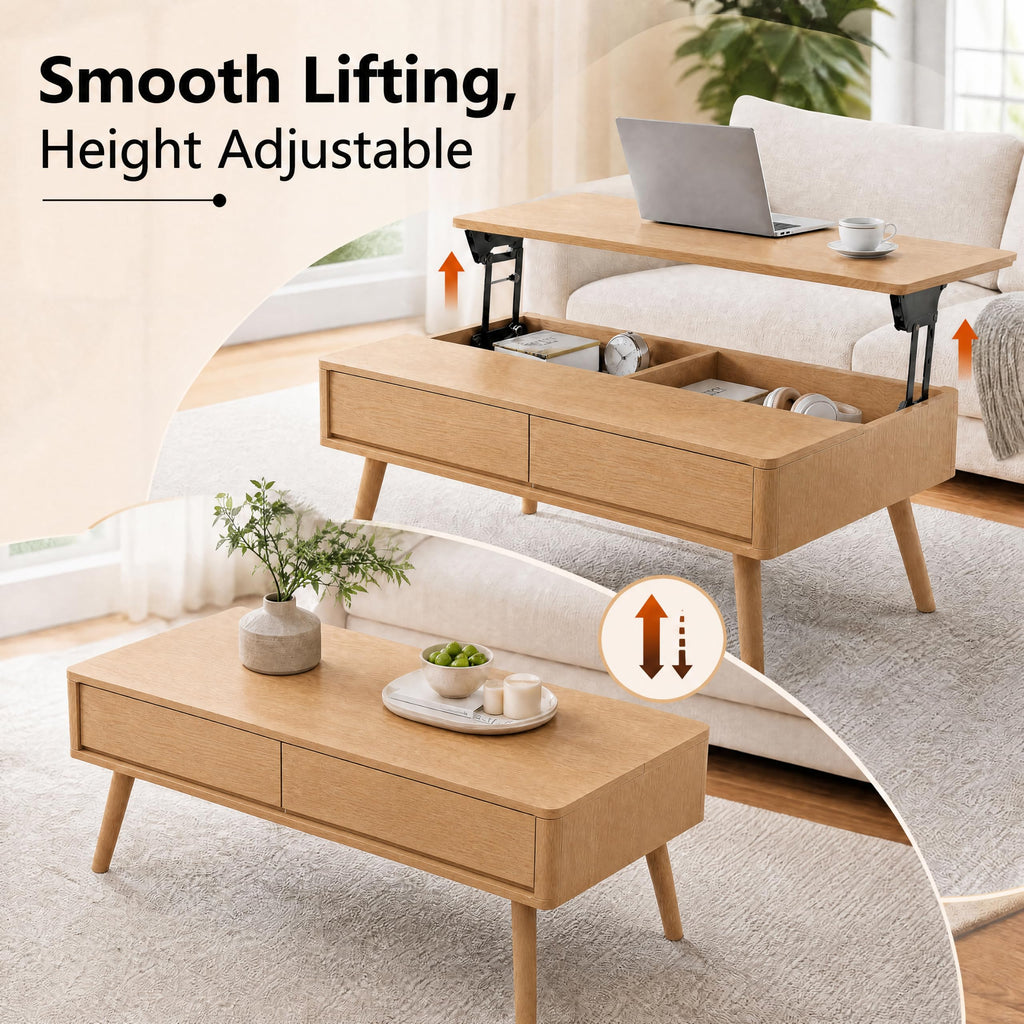 Solid Oak Wood Lift Top Coffee Table, Fully-Assembled