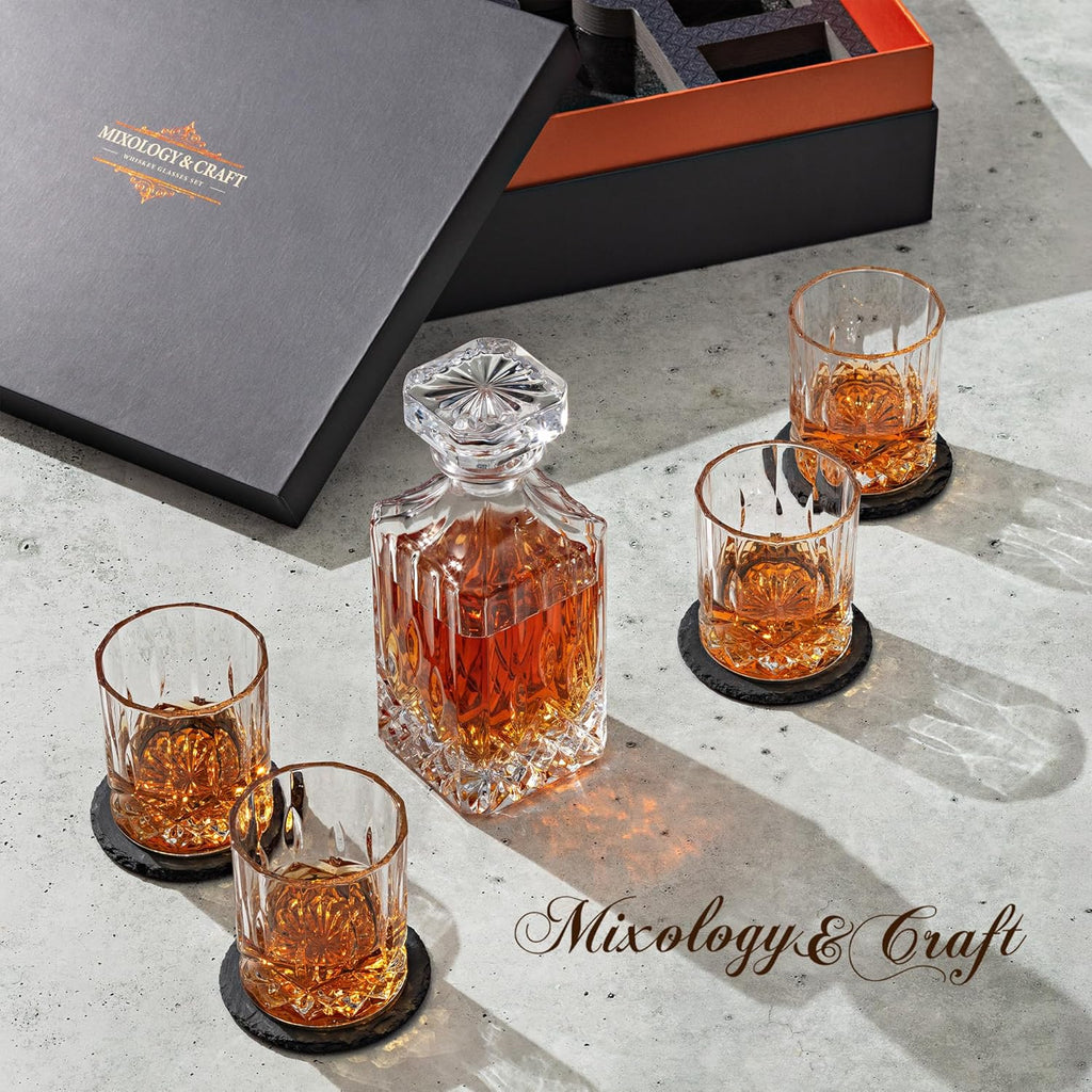 Luxury Whiskey Decanter Gift Set - 25oz Crystal Decanter, 4 Old-Fashioned Glasses, 4 Slate Coasters with Diamond