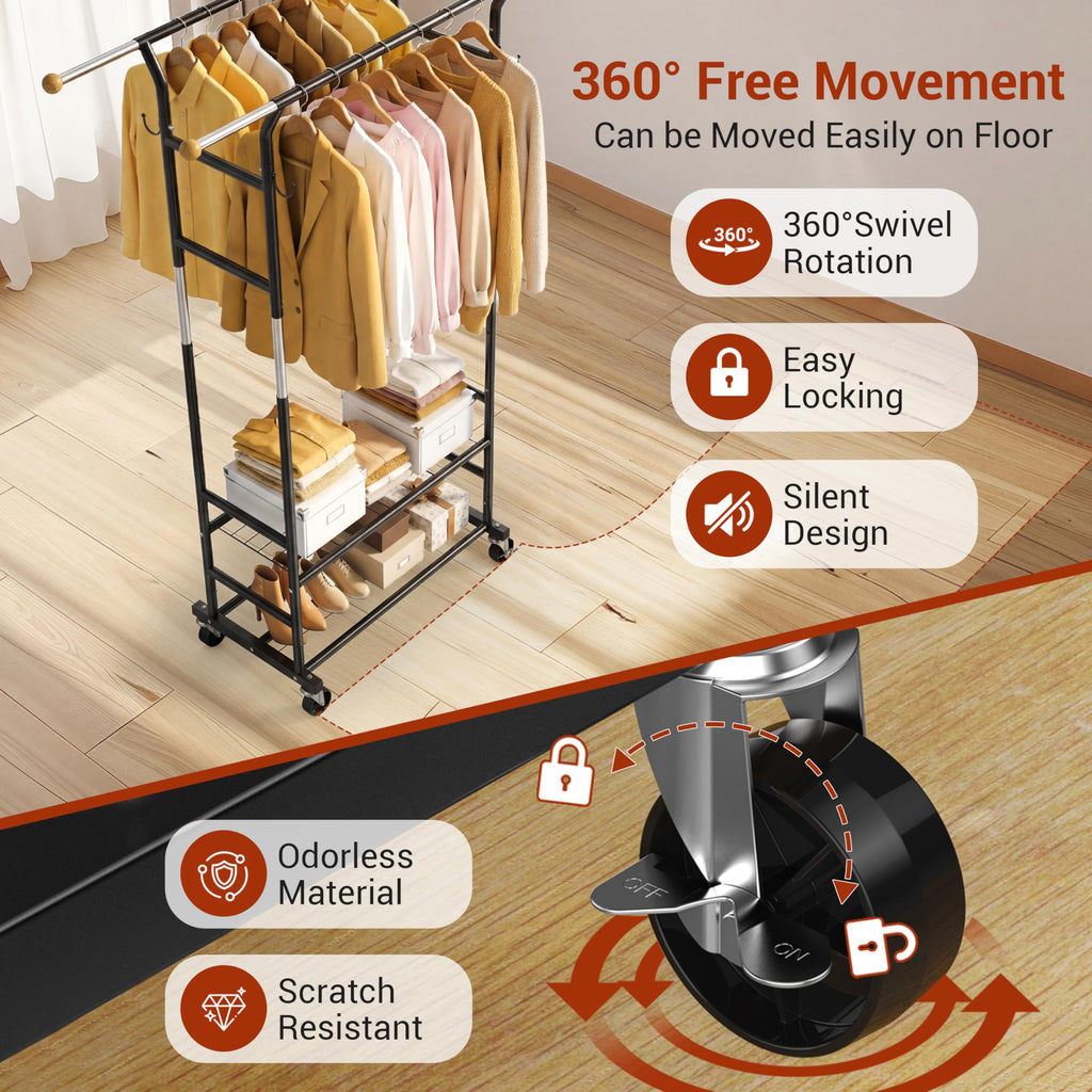Clothes Rack with 3-Level Height Adjustment - Double Rod Extendable Hanging Rails with Wooden Finials, Luxury 2-Tier