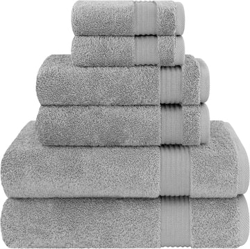 100% Cotton Turkish Towel Set, Soft Absorbent Quick Dry, 6 Piece Towel Set, Light Grey