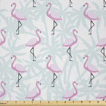 Flamingo Fabric by The Yard, Pale Color Abstract Coconut Palm Tree Silhouettes Retro Pink Birds, Microfiber Fabric