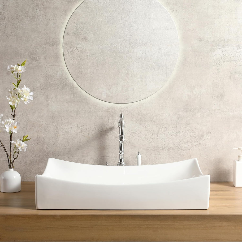 25"x15" Rectangular Bathroom Sink,White Vessel Sink Above Counter Porcelain Ceramic Vessel Sinks for Bathrooms