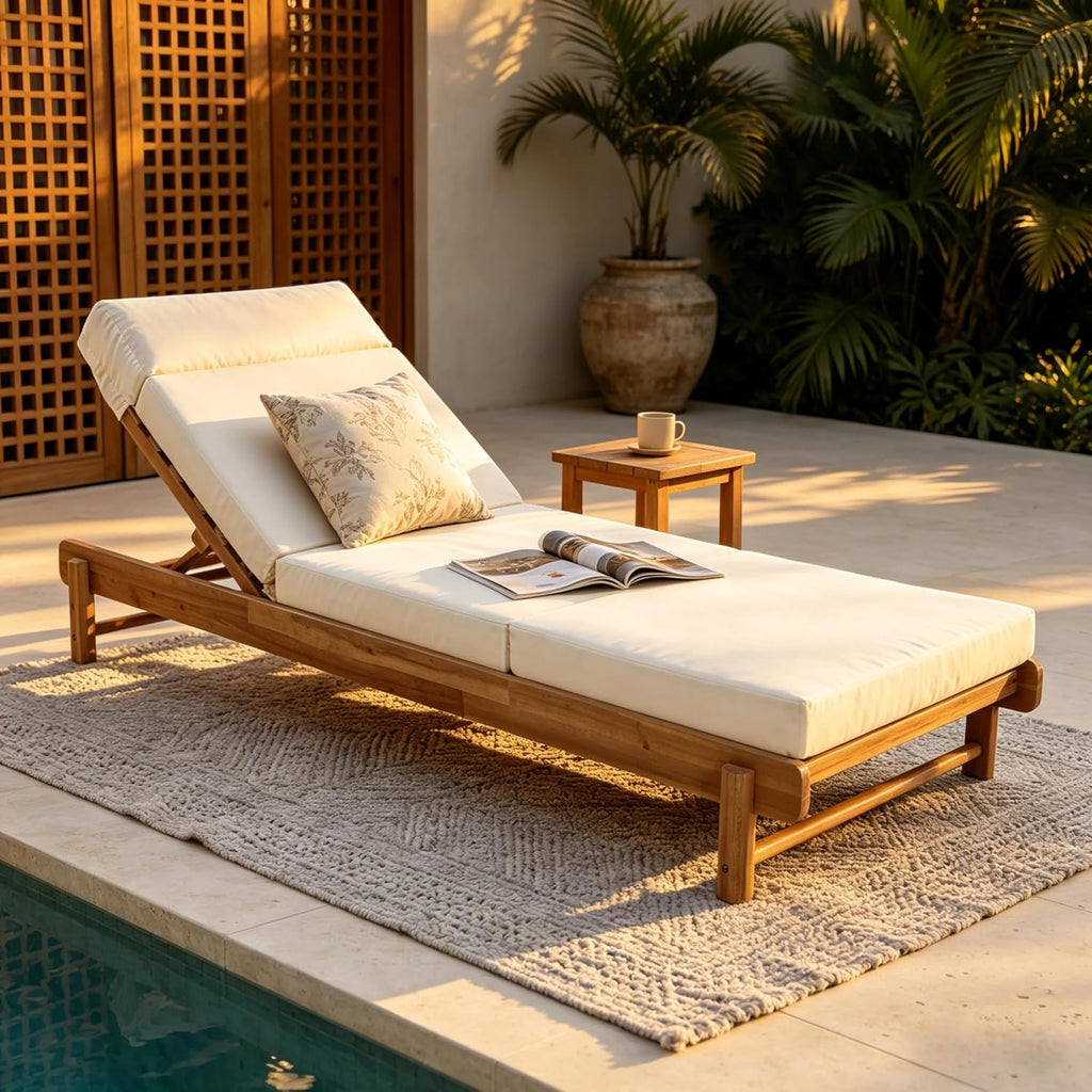 Outdoor Chaise Lounge, 4-Fold Cushion with Built-in Headrest, Acacia Wood Recliner Chair with Slatted Design
