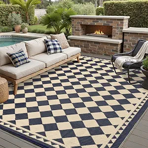 9x12 Black Beige Checkered Waterproof Outdoor Rug