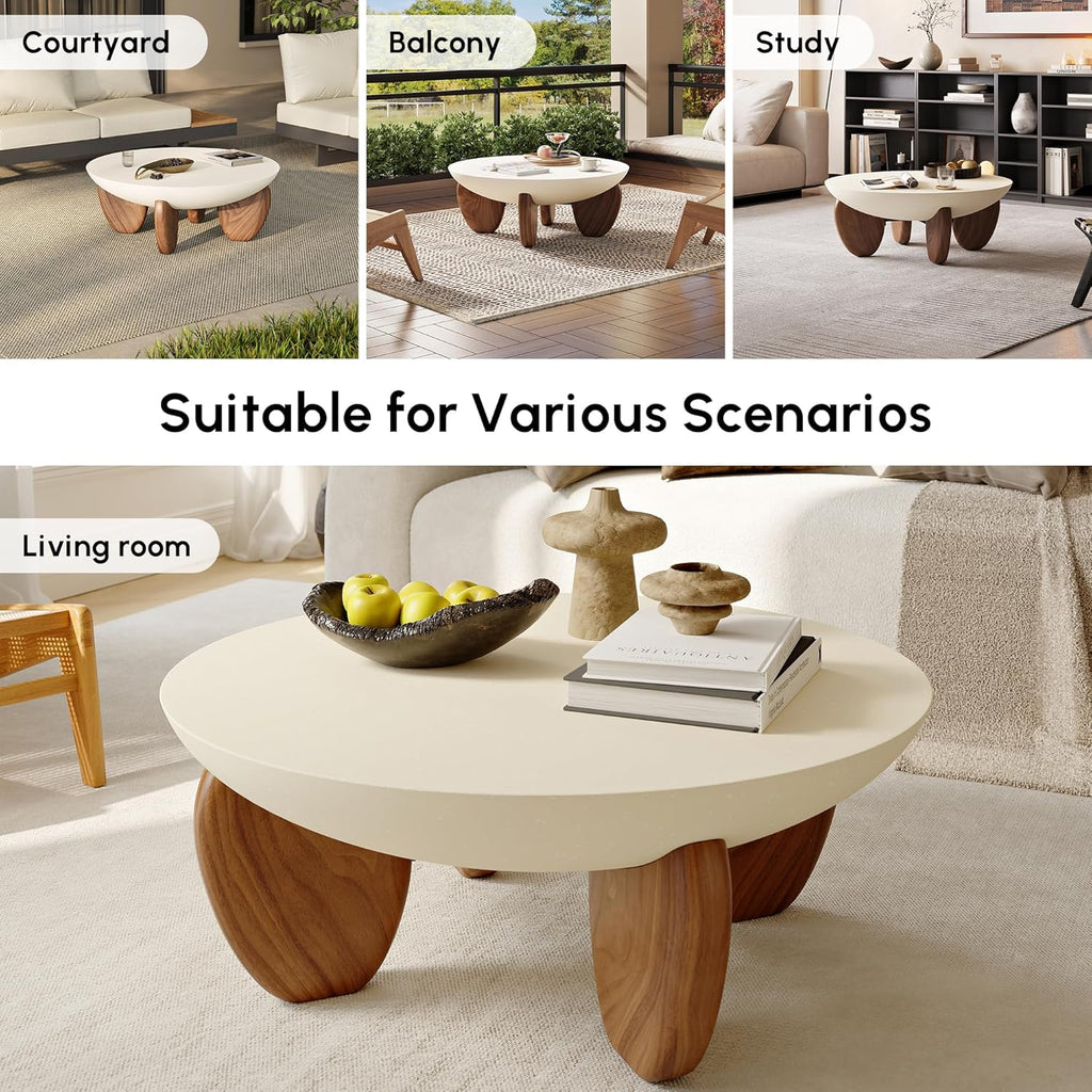 Round Concrete Coffee Table with Premium Walnut Ash Wood Legs, Modern Minimalist Cement Finish Center Table