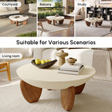 Round Concrete Coffee Table with Premium Walnut Ash Wood Legs, Modern Minimalist Cement Finish Center Table