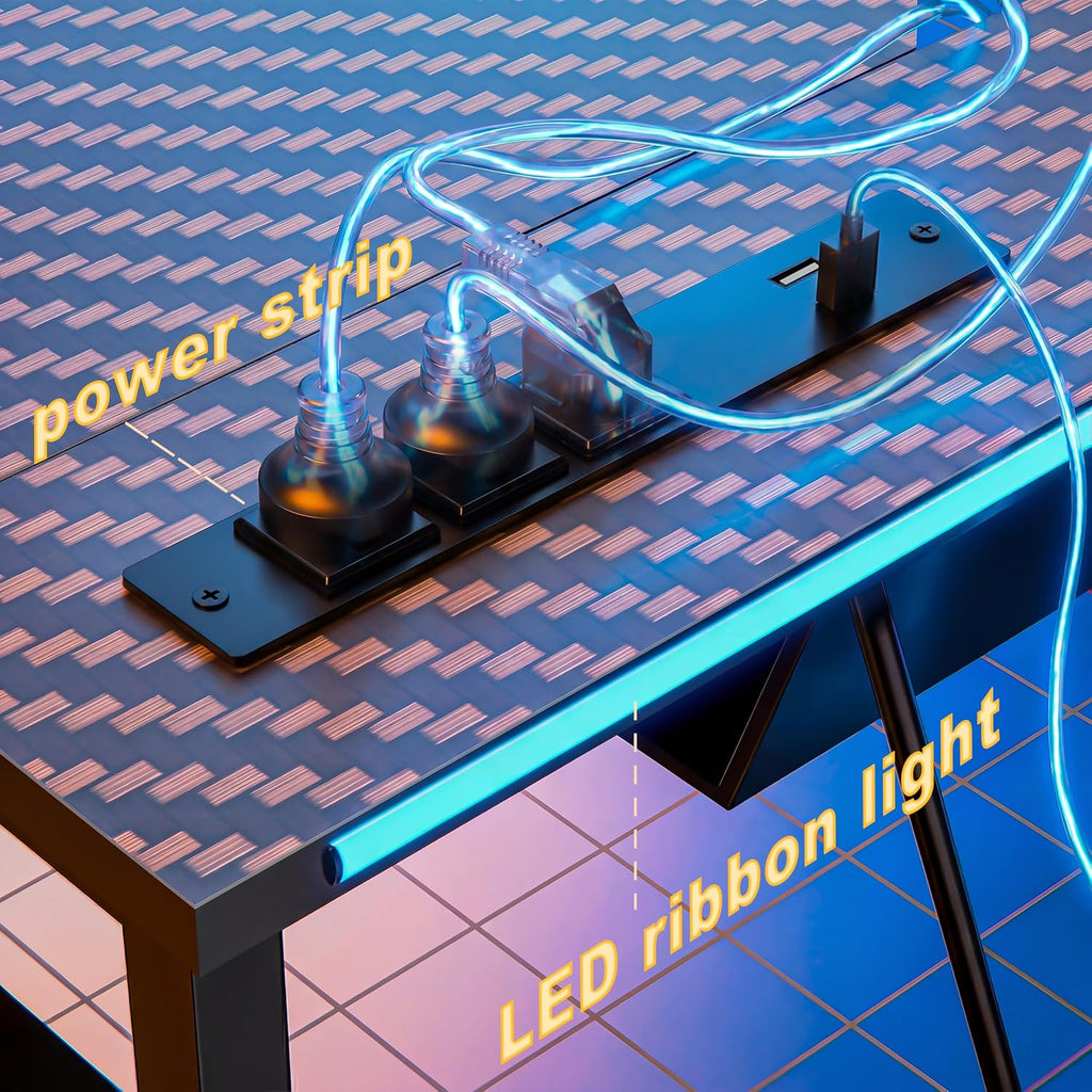 60" Reversible Computer Desk Carbon Fiber Texture Includes Storage Drawers Power Outlet and LED Lights Gaming Desk