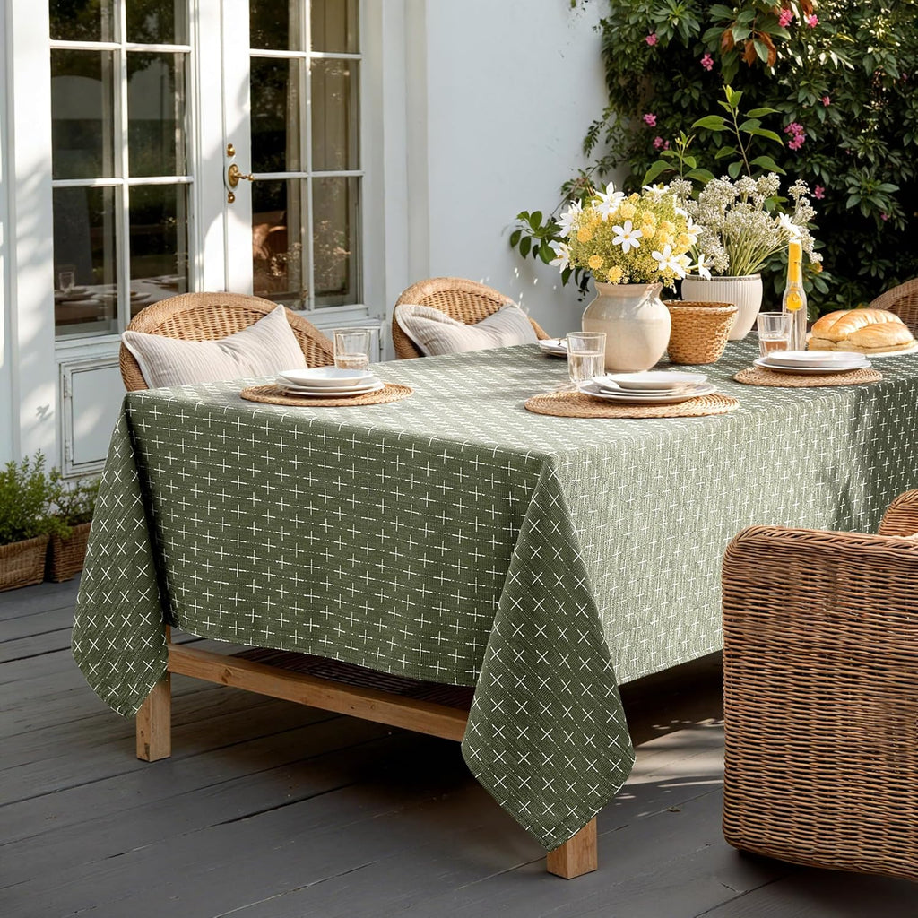 Olive Green Linen Table Cloth Rectangle Tablecloth Waterproof Spring Spillproof Cross-Star Textured 