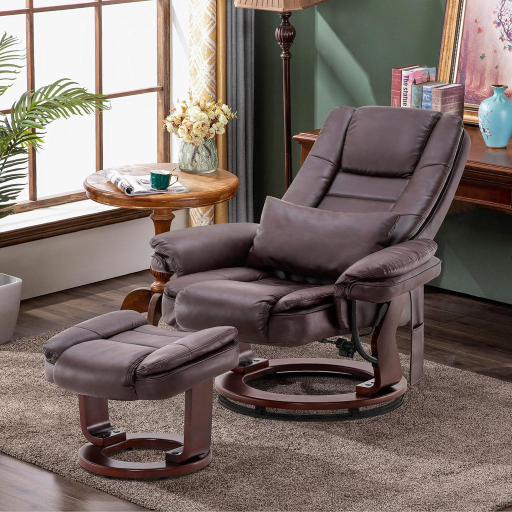 Modern Reclining Swivel Lounge Chair and Ottoman — Brown Faux Leather