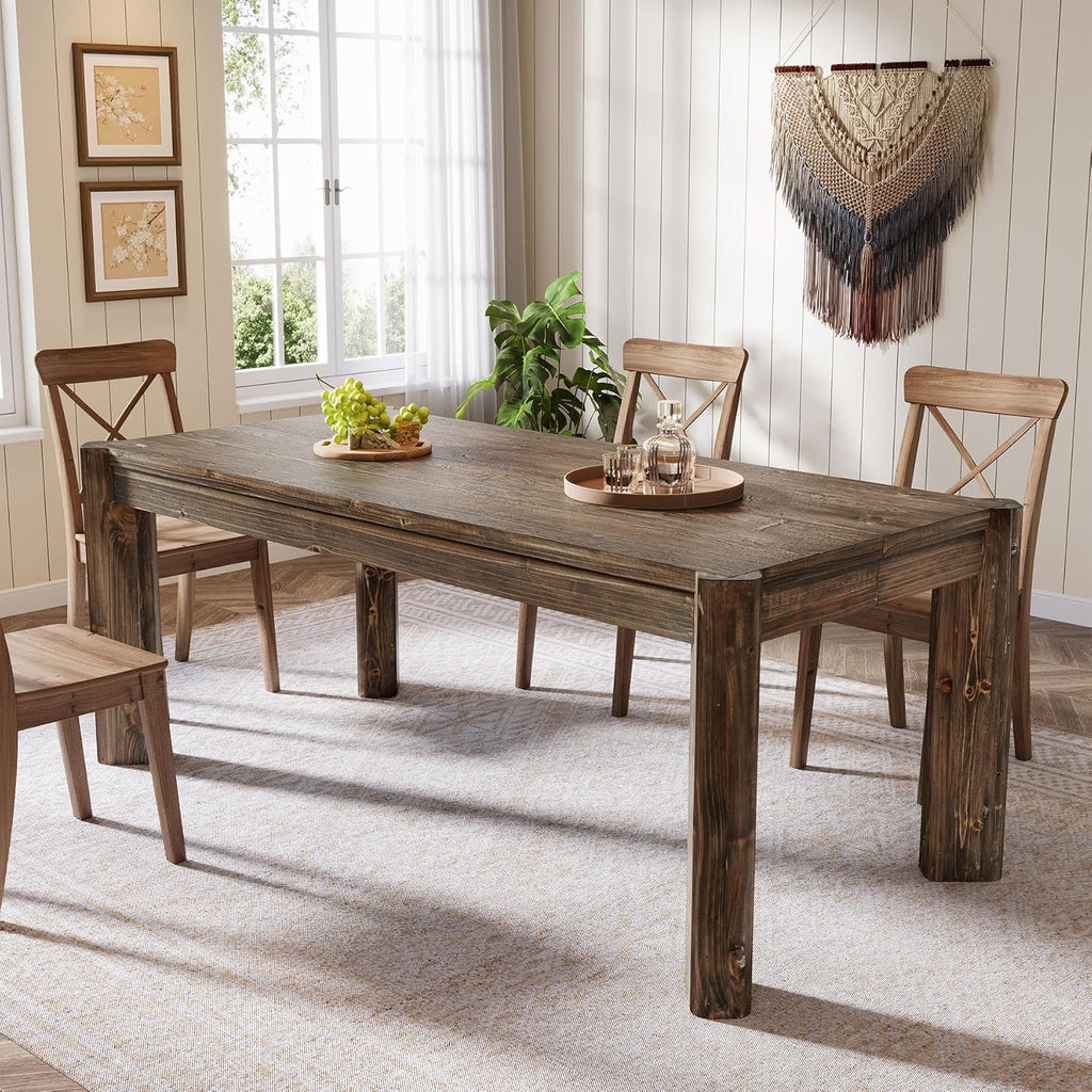 Solid Wood Dining Table for 6 People, 63" Farmhouse Kitchen Table with Heavy Duty Legs, Rectangular Dining Room