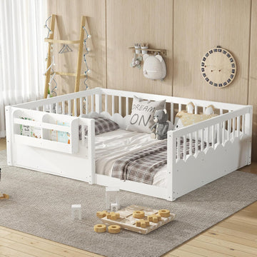 Full Floor Bed with Bookshelf and Safety Guardrail, Full Size Montessori Floor Bed with Fence, Easy Assemble