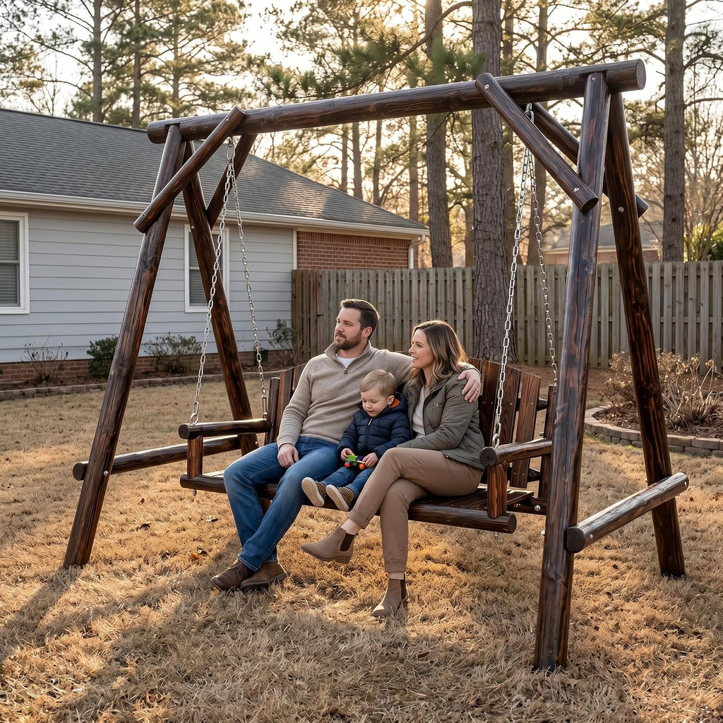 3.5 FT Rustic Log Wooden Porch Swing, Heavy-Duty 900 LBS, Outdoor Hanging Bench , Garden, Yard - Solid Fir Wood