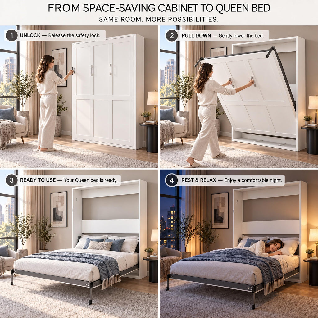 Queen Murphy Bed, White Vertical Folding Wall Bed Cabinet for Small Spaces