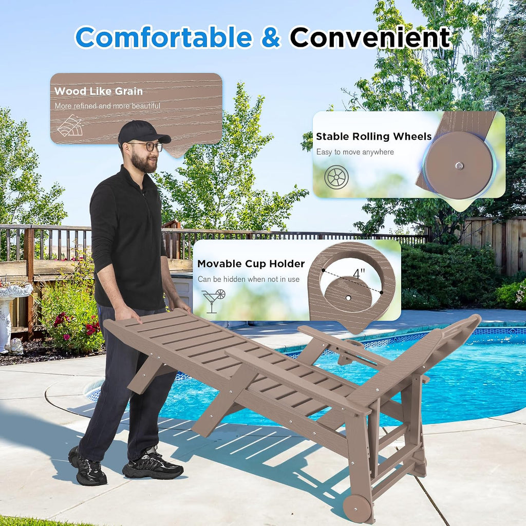 Outdoor Chaise Lounge Chair Set of 2 with Wheels & Cup Holder, HDPE Pool Lounge Chairs with 5-Position Adjustable