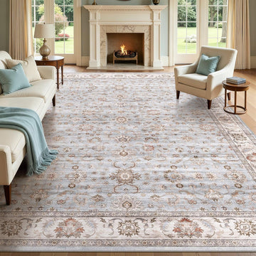 Washable Area Rug 10x14 Non-Slip Floral Carpet, Gray/Light Blue
