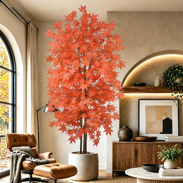 7FT Artificial Maple Trees, Tall Faux Autumn Tree Indoor with Lifelike Red Orange Leaves Realistic Fall Tree with Pot