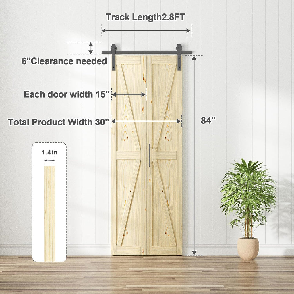 30in x 84in Bifold Barn Door with Hardware Kit, Unfinished Solid Pine Wood Folding Closet Door for B