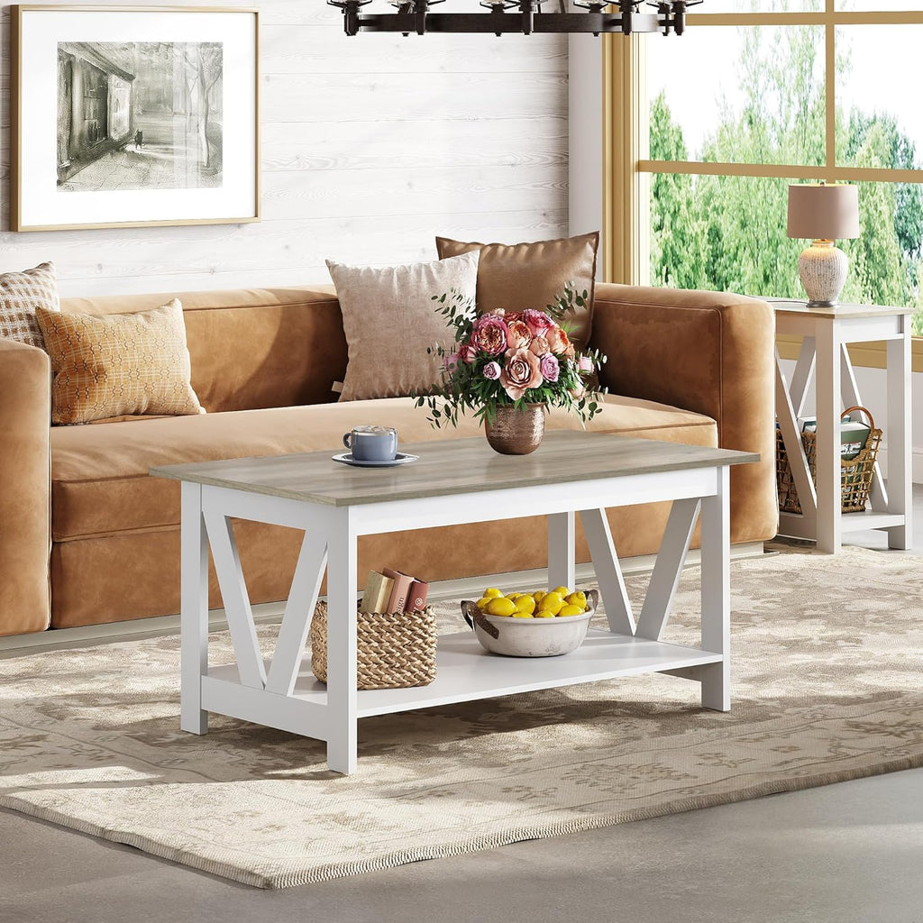 Coffee Table with Storage Shelf, 39.4" Farmhouse Coffee Table with V-Frame Support