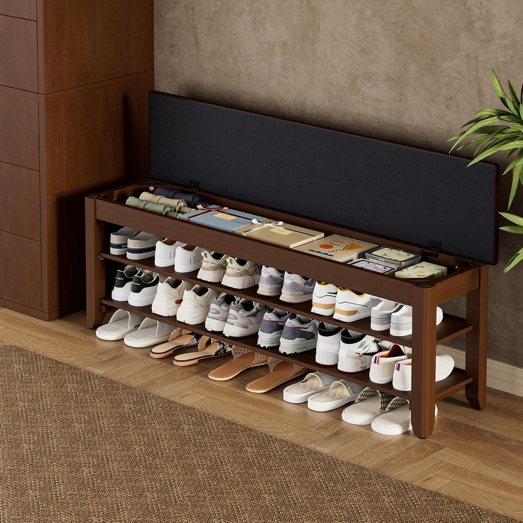 2-Tier Solid Wood Shoe Rack Bench with Flip-Top Storage | Entryway Bench with Cushion, Adjustable Shelf, Holds Up to