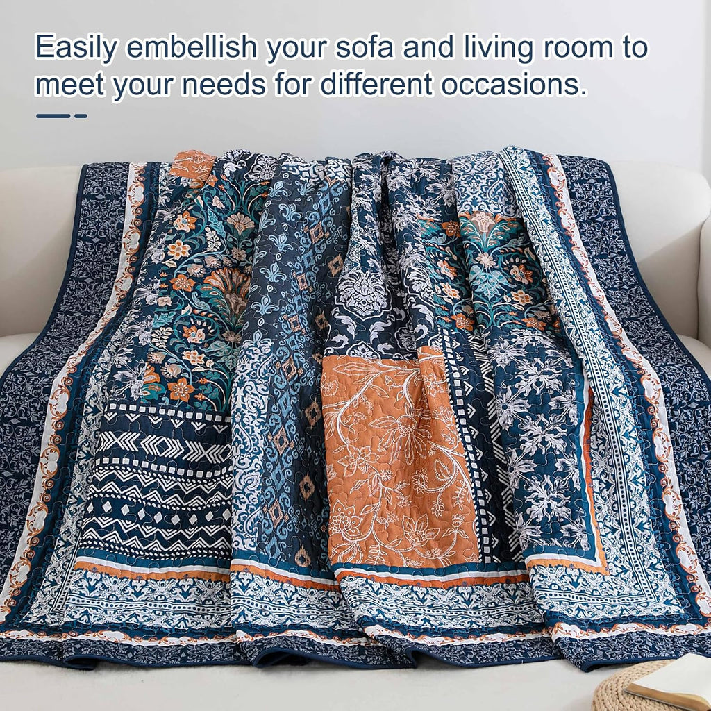 Navy Blue Quilt Set, Bohemian Patchwork Bedspread Coverlet Set, Reversible Farmhouse Floral Pattern Bedspreads