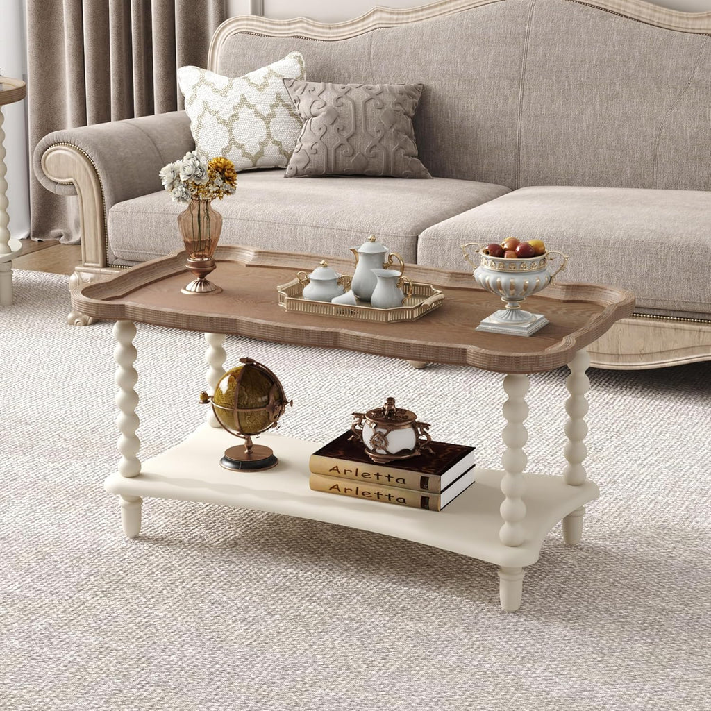 Farmhouse Coffee Table, Rustic White French Country Center Table with Storage Shelf, Wood Coffee Tables Dining Room