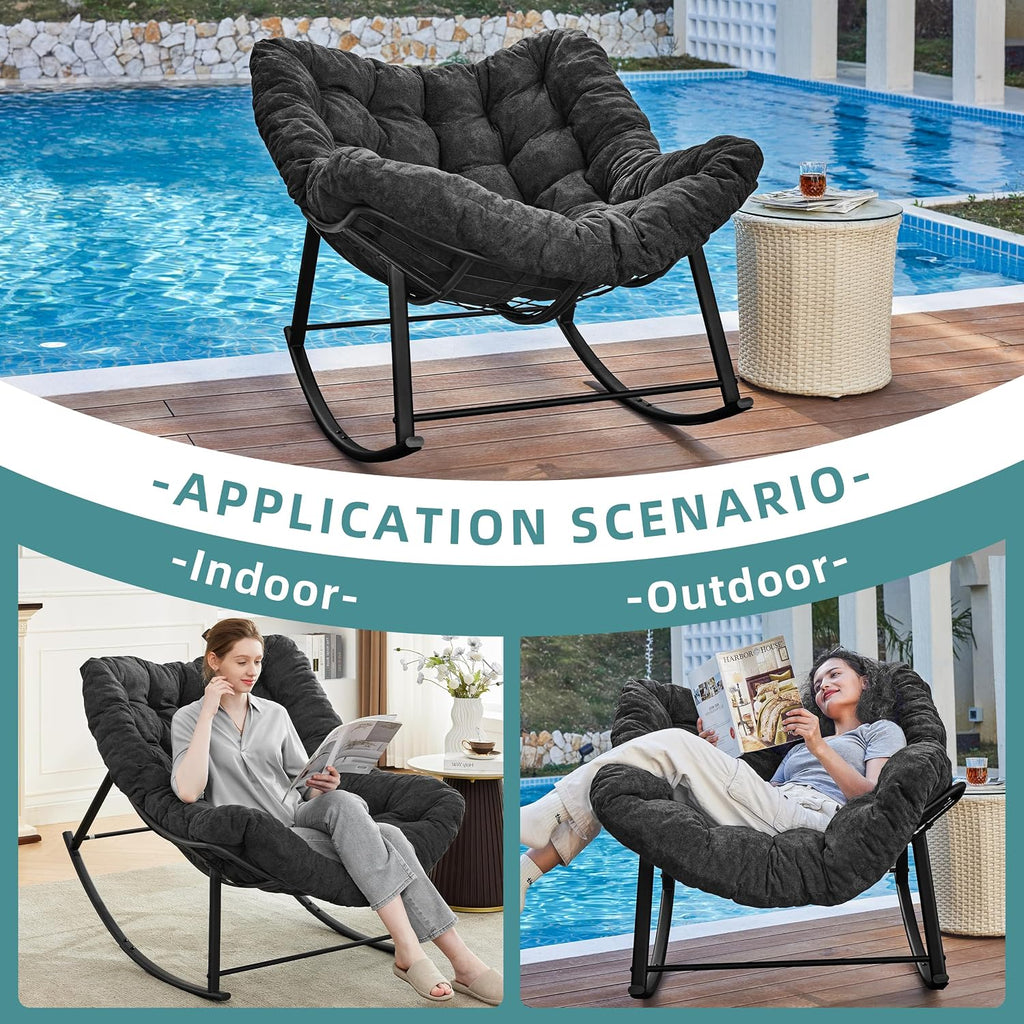 Oversized Papasan Rocking Chair with Cushion, Indoor Outdoor, Dark Grey | Lounge Chair with Cushion, Patio Egg Rocker