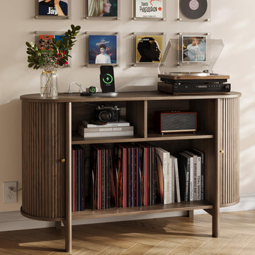 43"W Record Player Stand with Power Outlets, Vinyl Storage Cabinet, Walnut
