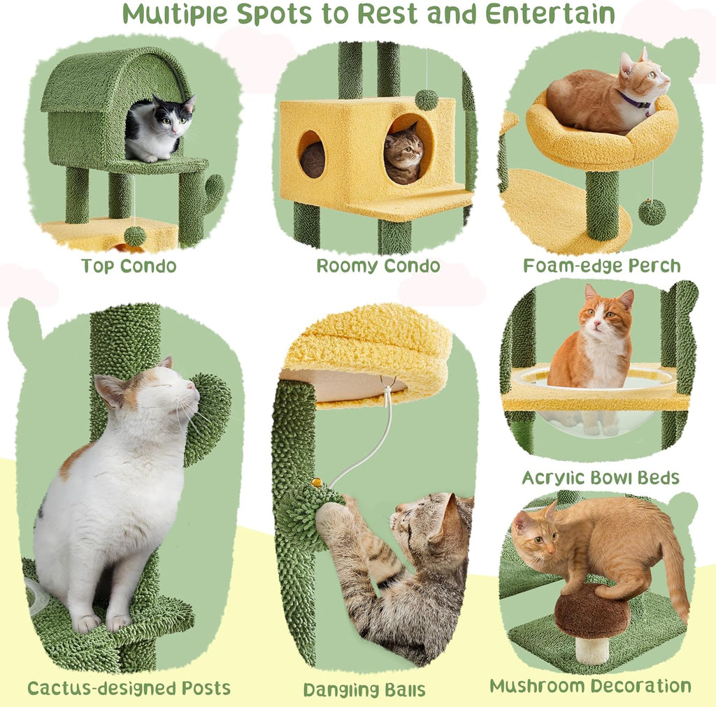 68.5in Tall Cactus Cat Tree, Multi-Level Tower with 2 Large Condos, Scratching Posts, 2 Acrylic Clear Bowls