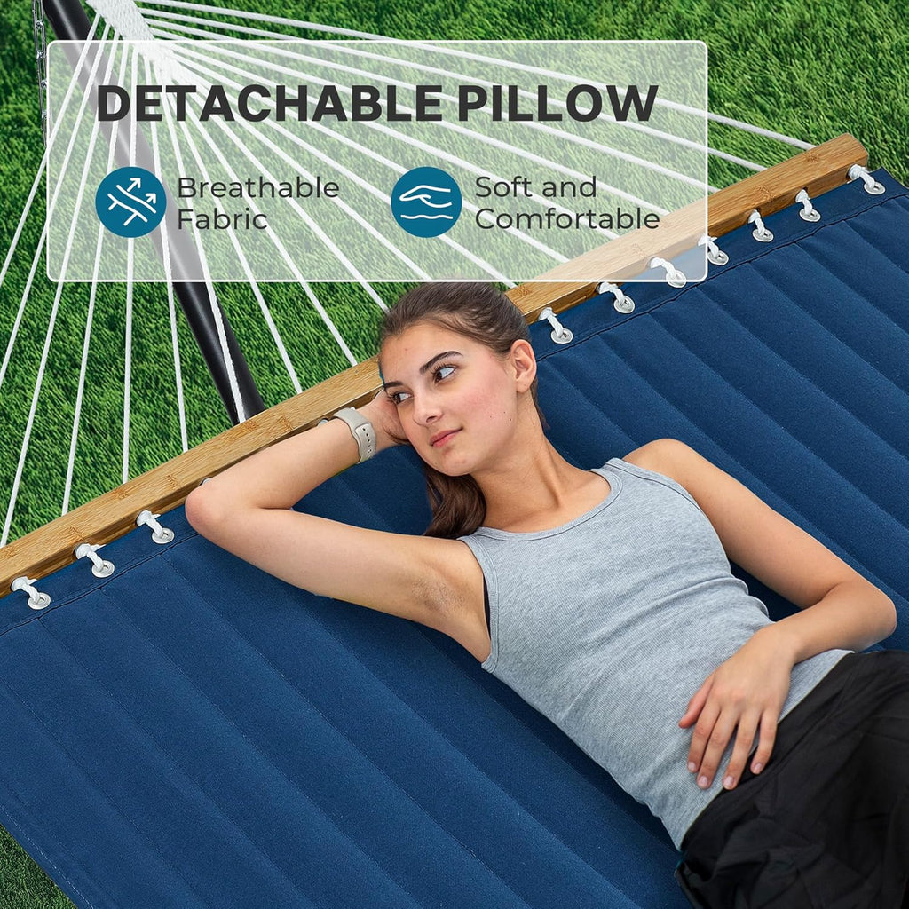 Hammock with Stand, 2 Person Quilted Outdoor Hammock, Detachable Pillow & Bamboo Spreaders, Portable Hammock with