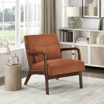 Mid Century Modern Accent Chair-with Solid Wood Armrests and Legs, 1 Lumbar Pillow, Cushioned Seat and Backrest