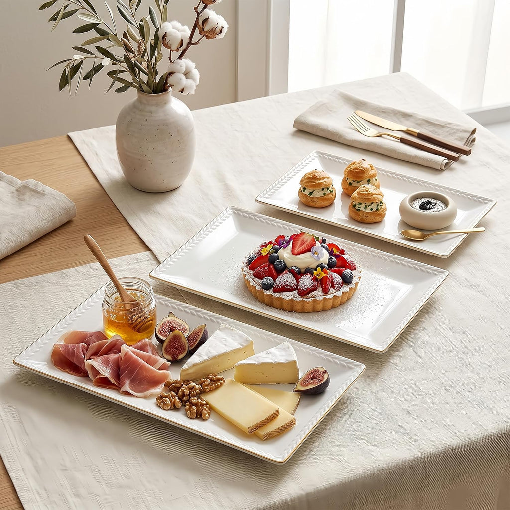 Ceramic Serving Platter Set | 16"/14"/12" Rectangular Serving Trays for Entertaining at Parties and Weddings | Oven
