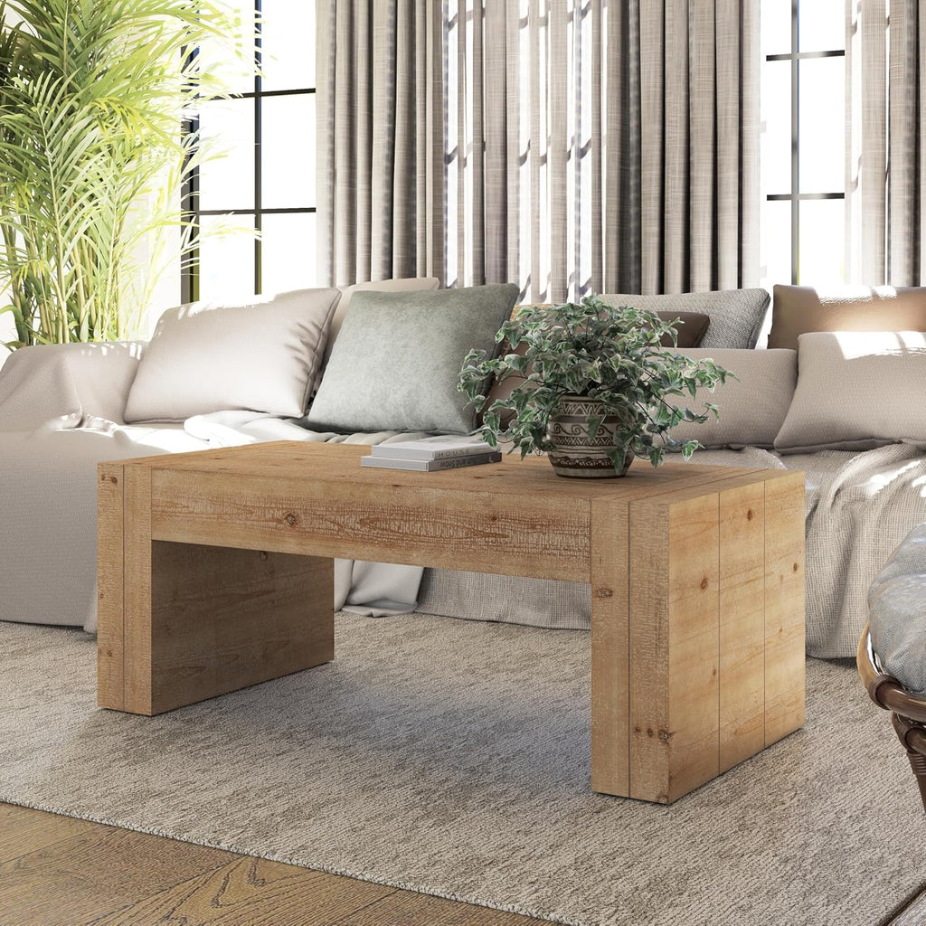Modern Rustic Wood Coffee Table with Thick Legs, Rectangular Living Room Center Table, Natural Finish Design